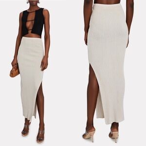 AYA MUSE Skirt Pisa Ribbed Knit Maxi Slit Metallic Stretchy Beige S NWT